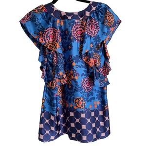 Fei by Anthropologie Womens African Tribal Top Flutter Sleeve Size S Blue